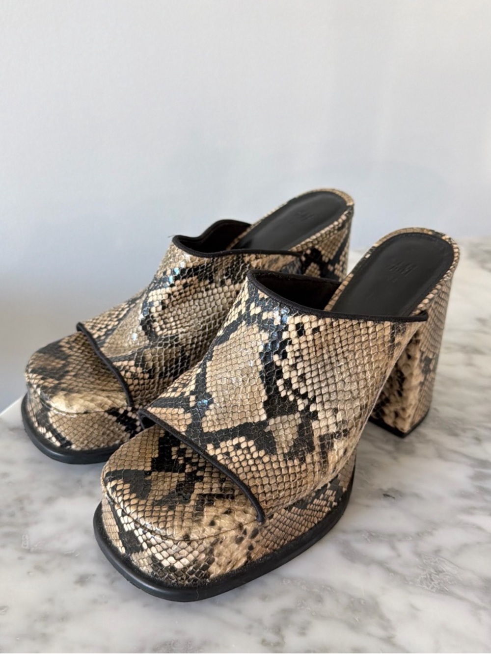 H&M Beige and Black Snake-Print Platform Sandals